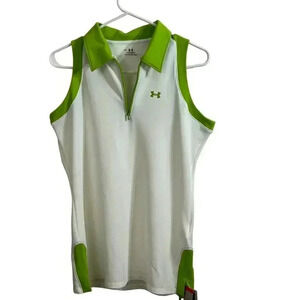 Under Armour Women Med Polo White Kelly-Green Tank Heat Gear Golf Athleisure NEW